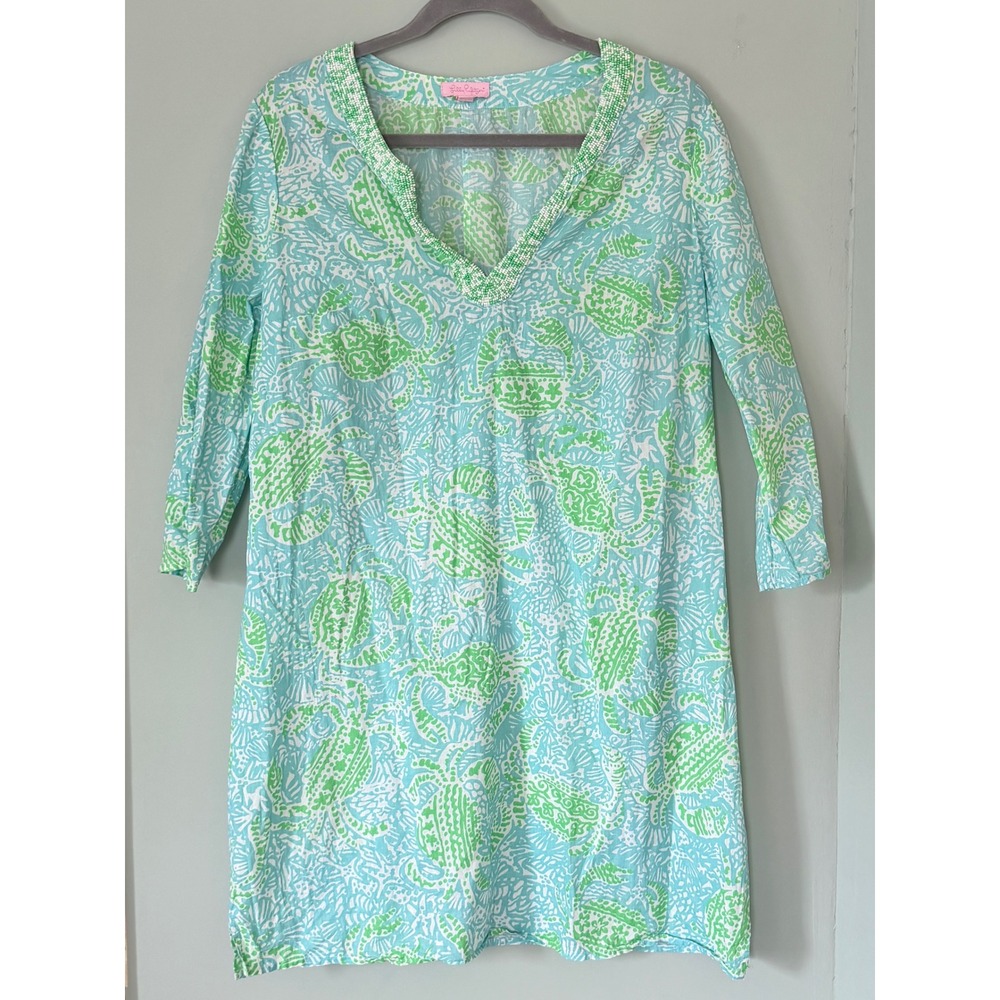 Lilly Pulitzer 100% Cotton Tunic Cover-Up 3/4 Sleeve Bead Dress Blue Green Large